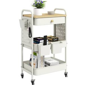 lot 3760 image: danpinera Rolling Utility Cart with Drawer, 3 Tier Rolling Cart with Wheels, Hooks & Hanging Cups, Craft Cart Art Cart Snack Cart Rolling Storage Cart with Wooden Table Top & DIY Pegboards, White