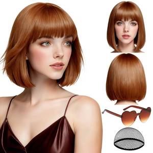 lot 3769 image: PLULON Maroon Short Bob Wig with Bangs for Women, Colorful Neon Short Bob Synthetic Hair Wigs with Hair Cap Heart Sunglasses for Adults Men Daily Bachelorette Halloween Costume Party Supplies