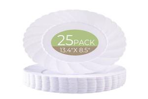 lot 3775 image: U-QE 25 Count Oval White Plastic Plates - 13.4 inch Large Disposable Plates Heavy Duty, Ideal for Party, BBQ, Picnic and Weddings