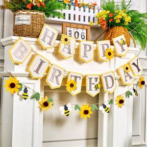 lot 3780 image: SUNBEAUTY Bee Birthday Party Decorations Bumble Bee Felt Happy Birthday Banner with Sunflower Garland Banner Hanging HoneyBee Decorations for Party Baby Shower Garden Spring Summer(8.2ft)