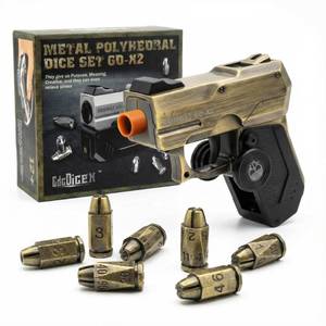 lot 3790 image: 7 Piece Metal Polyhedral Bullet Dice Set with Shooting & Fidget Modes, Pistol Shaped Case & Bullet Dice for Cyberpunk Style Tabletop RPG Dice, Fidget Toy for Stress Relief (Golden)