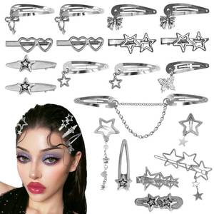 lot 3801 image: 20Pcs Star Hair Clips Y2K Silver Hair Clips 14 Shapes Y2K Hair Accessories Metal Non-Slip Snap Barrettes for Girls 2000s Punk Kawaii Butterfly Charm Hair Clips for Women(Silver B)