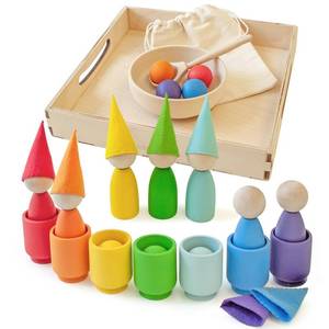lot 3805 image: Ulanik Rainbow Peg Dolls and Balls in Cups Toddlers Montessori Toys for 3 Year Olds Baby Preschool Matching Wooden Games for Learning Colour Sorting and Counting
