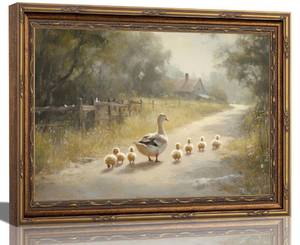 lot 3831 image: 3D Textured Canvas Wall Art Vintage Carved Gold Frame Duck With Ducklings Countryside Farmhouse Vintage Relief Poster Print Artwork for Apartment Living Room Bedroom Nursery Home Decor
