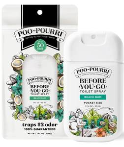 lot 3859 image: Poo-Pourri Before-You-Go Pocket Toilet Spray, Travel Essentials, Beach Bum, 1 Fl Oz, Up to 50 Uses, On-The-Go Bathroom Odor Deodorizer with Essential Oils, TSA Approved Size, Coconut Orchid Scent