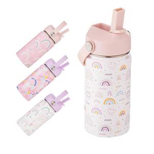 lot 3861 image: Kids Water Bottle with Straw 12 oz - Insulated Stainless Steel Sports Bottle, Leakproof Wide Mouth Thermal Cup with Straw & Handle Lids for School Travel Outdoor Activities