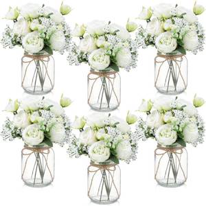 lot 3866 image: Zeyune 12 Sets Mason Jar Centerpiece Table Decorations, Artificial Peony Babys Breath Flower Bouquets, Faux Flowers with Vase, Rustic Decor Gifts for Home, Wedding, Holiday (Green)
