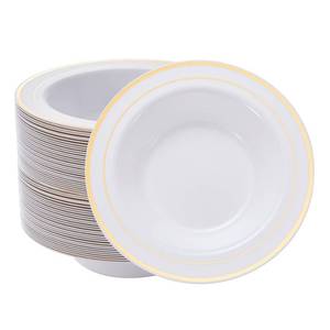 lot 3870 image: N9R 60PCS Disposable Plastic Bowls with Gold Rim, 12 oz Fancy White Plastic Bowls, Premium Dessert Salad Bowls Perfect for Party, Wedding and Everyday Use