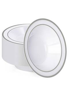 lot 3877 image: BESTVIP 50 Pack Plastic Bowls with Silver Rim, 12 oz Disposable Soup Bowls, Heavy-duty Dessert Salad Bowl for Party, Wedding, Christmas, Catering and Dinner