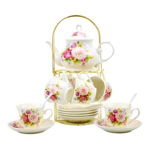 lot 4590 image: 20-Pieces Porcelain Tea Sets For Women, Tea Set For Adult with Golden Metal Rack,Tea Gift Sets for Home&Party(014)