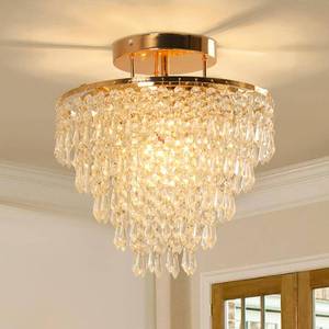 lot 4611 image: FRIXCHUR 11.8 Crystal Chandelier Gold Flush Mount Ceiling Light 5 Tiers Raindrops Crystals Pendant Lighting Fixture for Bedroom Hallway Living Room E26 Base