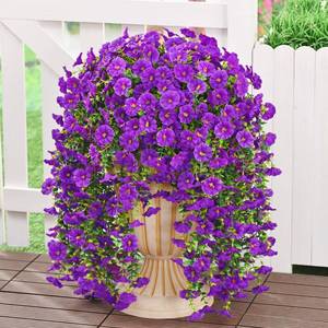 lot 4613 image: MARTINE MALL 4 Pcs Look Real Artificial Flowers for Outdoors, Realistic Artificial Hanging Flowers for Outdoors, UV Resistant Fake Hanging Plants Silk Petunia Faux Flowers for Porch Patio, Purple