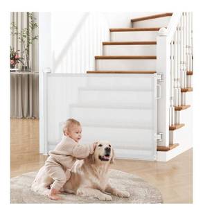 lot 4624 image: Retractable Baby Gate for Stairs, 55 Wide Mesh Dog Gate Indoor, 34 Tall Child Gate grey