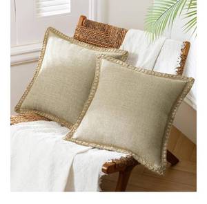 lot 4626 image: Phantoscope Pack of 2 Farmhouse Decorative Solid Throw Decorative Pillow Cover Burlap Linen Trimmed Tailored Edges, Oatmeal 26 x 26 inches 65 x 65 cm