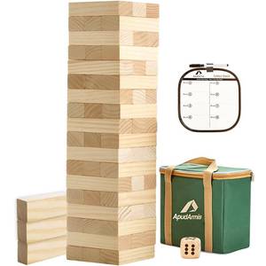 lot 4643 image: ApudArmis 54 PCS Tumble Timber Set Up to 3.2FT, Pine Wooden Tumble Tower Game with Dice and Scoreboard Set - Classic Block Stacking Board Game for Teens Adults