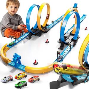 lot 4651 image: LILYBUDS Toy Car Track Gift Set for Boys Kids Age 3-5 4-7 8-12, Long Race Tracks with 4 Action Loops and 4 High-Speed Slot Die-Cast Race Cars, 35 Pieces Race Tracks to Create Multiple Configurations