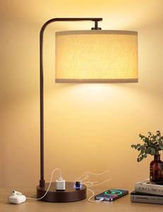 lot 4705 image: Innqoo Brown Side Table Lamp with USB Port and Outlet, Dimmable Nightstand Bedside Lamps with Linen Lampshade, Desk Lamp for Bedroom, Living Room, Guest Room, Home Office