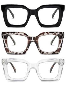 lot 4715 image: AMOMOMA 3PACK Retro Oversized Square Reading Glasses for Women Men Blue Light Computer Thick Womens Readers Spring hinge AM6015 BlackGrey TortCrystal 1.00 x