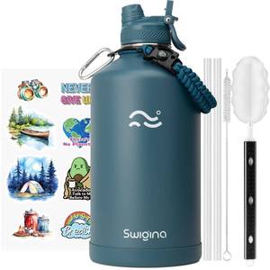 lot 4730 image: Swigina 2-IN-1 LID Gallon Insulated Water Bottle with Silicone Boot (48hrs Cold24hrs Hot) - DIY Stickers, Leakproof, BPA Free, 128 oz