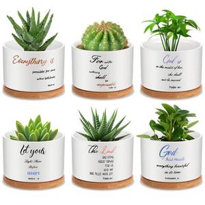 lot 4734 image: Mifoci 6 Pcs Bible Verse Succulent Pot Christian Bible Verse Gifts Set Ceramic Mini Floral Succulent Planters with Bamboo Tray 3 x 3 x 2 Inches Plant Pots Decorative for Garden Birthday