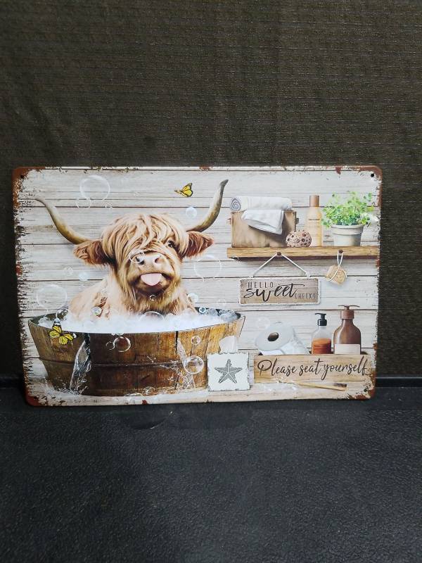 lot 4473 image: Highland Cow Bathroom Metal Sign