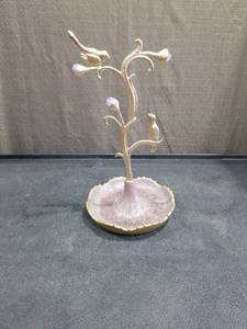 lot 4780 image: Glass Bird Tree Jewelry Stand with Pink Tray