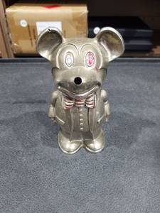 lot 4818 image: Disneyland  Cavalier England Silver Plated Mickey Mouse CoinPiggy Bank Bottom Missing