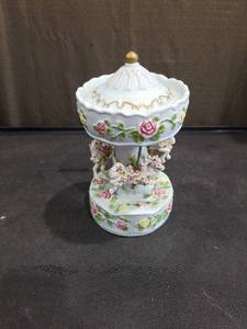 lot 4831 image: Porcelain Carousel Music Box with Floral Design