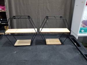 lot 4837 image: Black Metal Wire Frame Wall Shelves with Wood Shelving