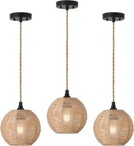 lot 3977 image: Boho Pendant Light with Cord 7 Inch Rattan Hanging Lamp Hand Woven Wicker Small Chandelier Hanging Lights Fixture for Bedroom Kitchen Hallway Foyer 3 Packs