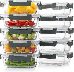 lot 3981 image: Cuiselect 10 Pack 22 Oz Glass Meal Prep Containers with Lids, Reusable Glass Food Storage Containers with Lids, Leak Proof, Microwave, Oven, Freezer and Dishwasher Safe (Gray)