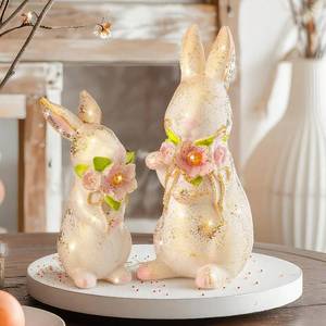 lot 4008 image: 2 Pcs Easter Decorations Spring Glitter Bunny Flower Figurines Gold White Rhinestone Rabbit Resin Statue Set Cute Crystal Bunny Table Gifts or Home Desk Centerpieces Tiered Tray Indoor Decor