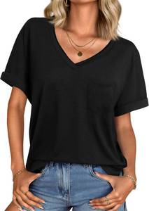 lot 4014 image: Remidoo Womens Side Slit Tops V Neck Rolled Short Sleeve T Shirt Casual Basic Loose Fit Tee SIZE S