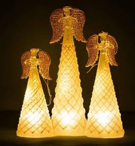 lot 4046 image: Red Co. 9.5 , 8 , and 6  Glass Christmas Holy Angel Figurine Ornaments with Star, Heart, Praying Hands, Light-Up Holiday Season D cor   Brushed White with Golden Glitter   Set of 3 Sizes