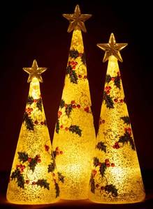 lot 4047 image: Red Co. Glass Christmas Tree Figurine Ornaments with LED Lights, Light-Up Holiday Season D cor   Holly Berry in Silver   Set of 3 Sizes, 11 Inch, 9.5 Inch and 8 Inch