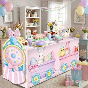 lot 4051 image: Oudain 2 Pcs Easter Table Tablecloth Decorations Bunny Train Table Cloth Decoration with Pastel Rabbit Eggs Gnomes Easter Party Favor for Picnic Dinner Outdoor Decorations Decor