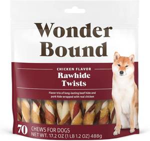 lot 4063 image: Amazon Brand - Wonder Bound Chicken Flavor Dog Rawhide Twist Sticks, 70 Count, 1.08 pound (Pack of 1)