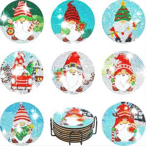 lot 4069 image: 8 PCS Gnome Diamond Art Coasters Kits with Holder, Diamond Painting Coaster DIY Acrylic Round Wooden Cup Coaster with Cork Pads, Birthday Easter Graduation Gift