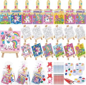 lot 4086 image: Pajean 24 Sets Valentines Day Gifts Watercolor Paint Set with Paintbrush Wooden Easel Mini Painting Canvas Panel Valentines Craft Exchange Gifts for Paint and Sip Supplies (Unicorn)