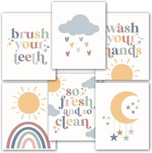 lot 4100 image: Hadley Designs 6 Reversible 8x10 Kids Boho Bathroom Wall Art Prints for Boys and Girls - Unframed Bathroom Decor and Rules Signs, Playful Washroom Artwork for Kids