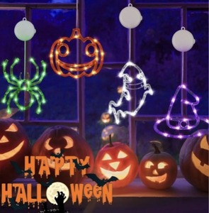 lot 4152 image: 4 Pack Halloween Decorations, Orange Pumpkin, White Ghost, Purple Witch Hat, Green Spider Lights, Battery Operated Halloween Window Lights with Suction Cup and Timer for Decor