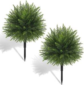 lot 4160 image: Der Rose 23 Artificial Cedar Topiary Ball Trees with Ground Spike Set of 2 Outdoor Artificial Plants UV Resistant Artificial Shrubs Fake Bushes for Front Porch Garden Decor