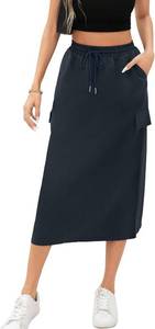 lot 4177 image: Womens Midi Cargo Skirt High Waist Drawstring Summer Slit Dressy Casual Skirts with Pockets SIZE S