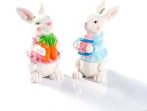 lot 4193 image: Easter Bunny Figurines 2-Piece Set   Hand-Painted Ceramic Rabbit Statues with Carrot and Egg, Cute Spring Easter Decorations for Home, Table Centerpiece