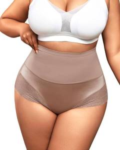lot 4251 image: High Waisted Shapewear Panties for Women Plus Size Seamless Lace Briefs Tummy Control Underwear No Show Under Dresses Daily Wear Red Coffee 3XL