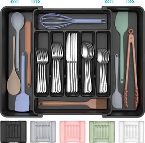 lot 4263 image: ukeetap Extra Large Expandable Silverware Organizer, BPA-Free Food-Safe Cutlery Flatware Organizer, Kitchen Utensil Drawer Organizer, Adjustable Silverware Holder for Spoons Forks Knives, Black