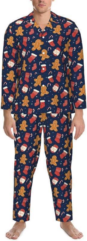 lot 14071 image: Mens Pajamas Set Xmas Doodle Gingerbread Stocking Cookies Long Sleeve Sleepwear Soft Lounge Button Up Pjs Set SIZE XL