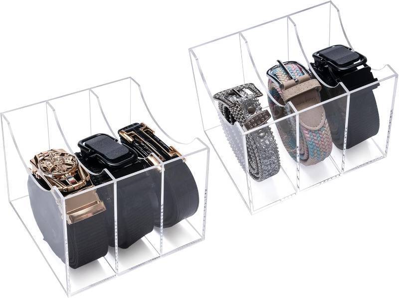 lot 30271 image: Sparkle Race Acrylic Belt Organizer for Closet Drawer, Clear Belt Rack Storage, 2pcs Belt Holder Display Case with 3 Compartments, Men Women Home Desktop Belt Box for Ties, Watches, Jewelry