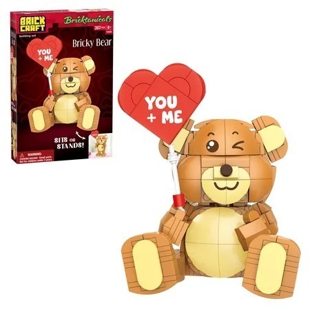 lot 112 image: Brickcraft Bricktanicals Bricky Bear Building Kit (357-Piece Set), Teddy Bear Brick Toy, Valentines Day Gift, Customizable Message Stickers, Poseable Figure, Collectible Display, Sits or Stands