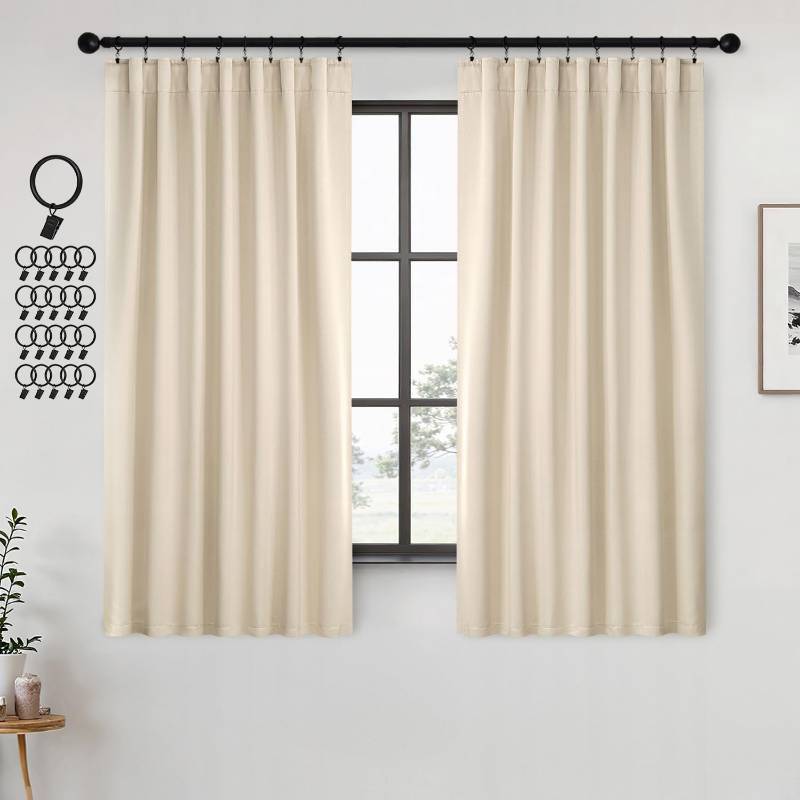 lot 2284 image: ANRODUO Rod Pocket and Back Tab Pleated Blackout Curtains with Hooks, Rings, Beige Curtains 63 Inches Long 2 Panels, Thermal Insulated Room Darkening Living Room Bedroom Curtain, 42x63 Inches